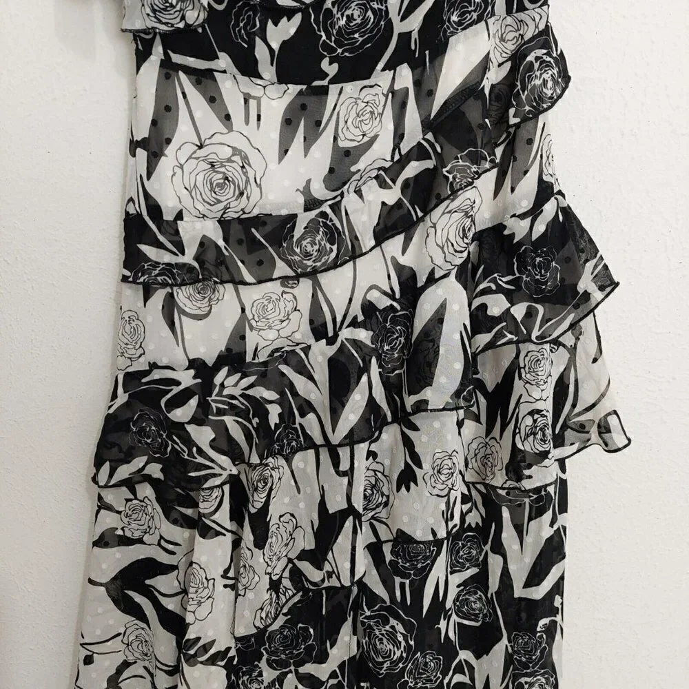 Dark Pink Deconstructed Midi Tea Dress Black White Layered Ruffled Sz US 2 /UK 6